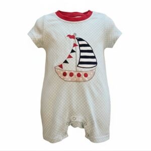 Sailboat Applique Romper Kids One Piece - Blue and White With Red Accent Sz 12M